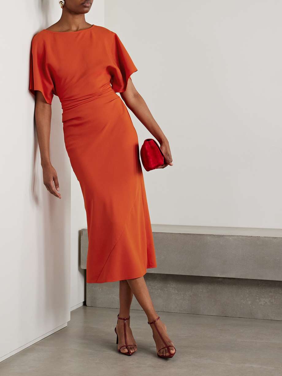 amelie ruched crepe midi dress