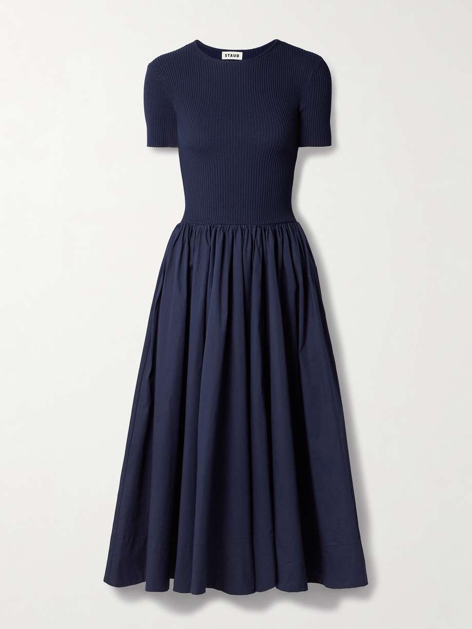 ysabel ribbed-knit and cotton-blend poplin midi dress
