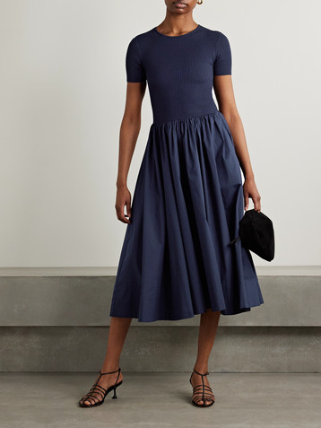 Staud Ysabel ribbed-knit and cotton-blend poplin midi dress