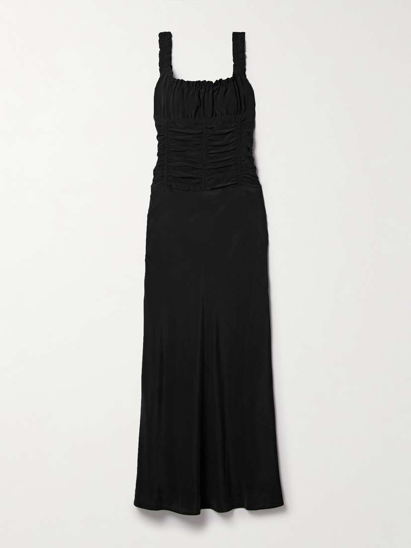 Staud Nic Ruched Washed-silk Maxi Dress