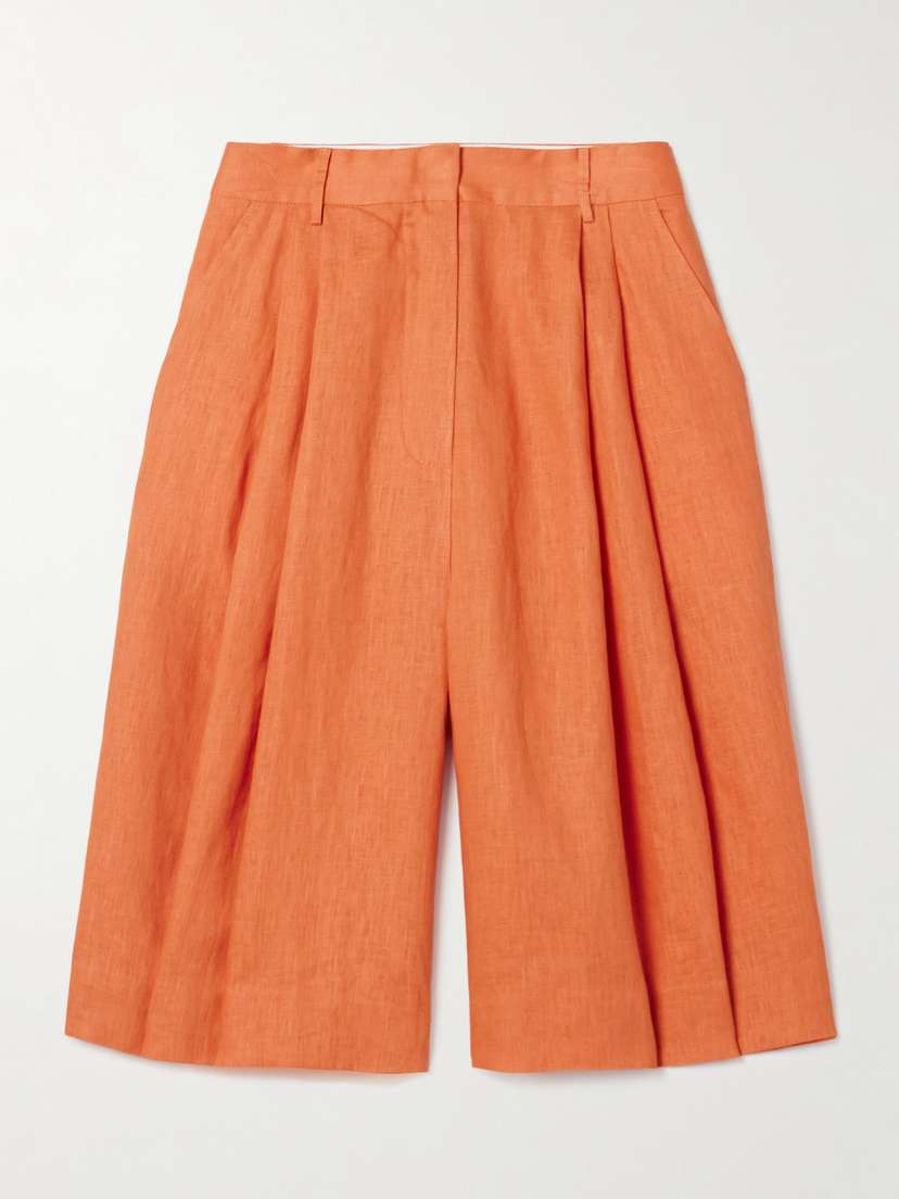 Staud Cruz Pleated Linen Shorts