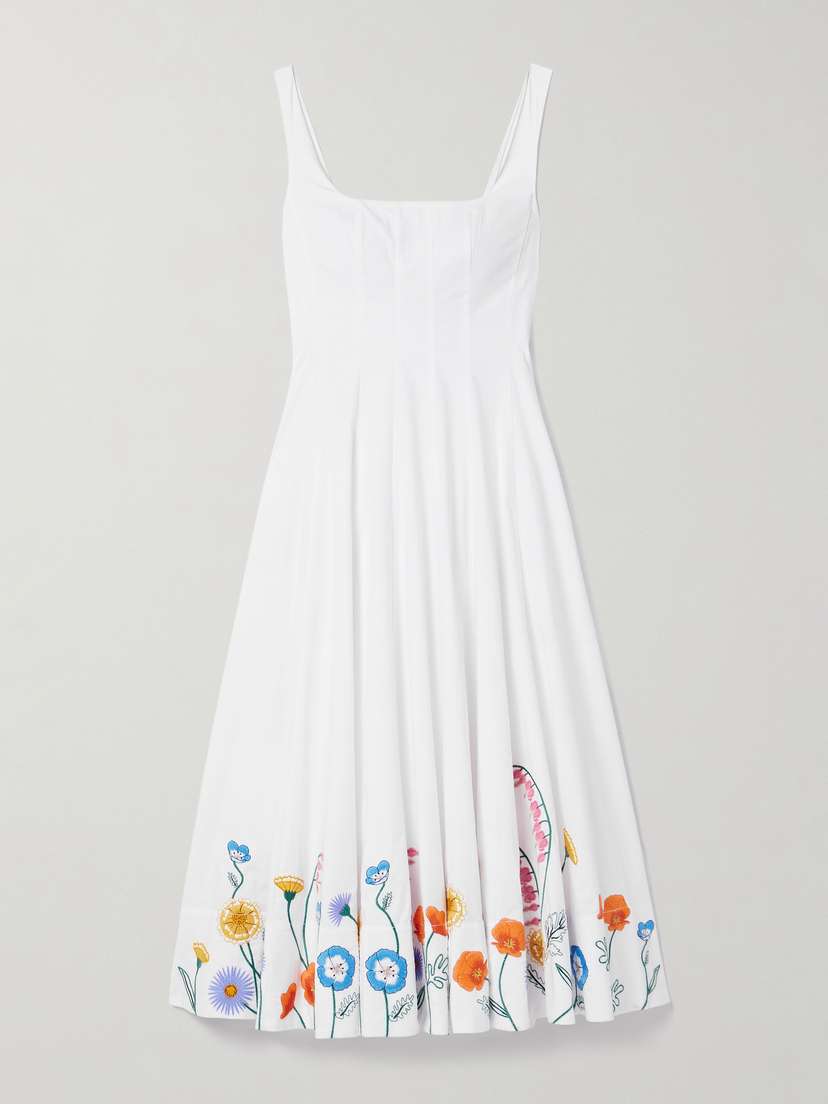 Staud Wells Pleated Embroidered Cotton-blend Poplin Midi Dress - US0