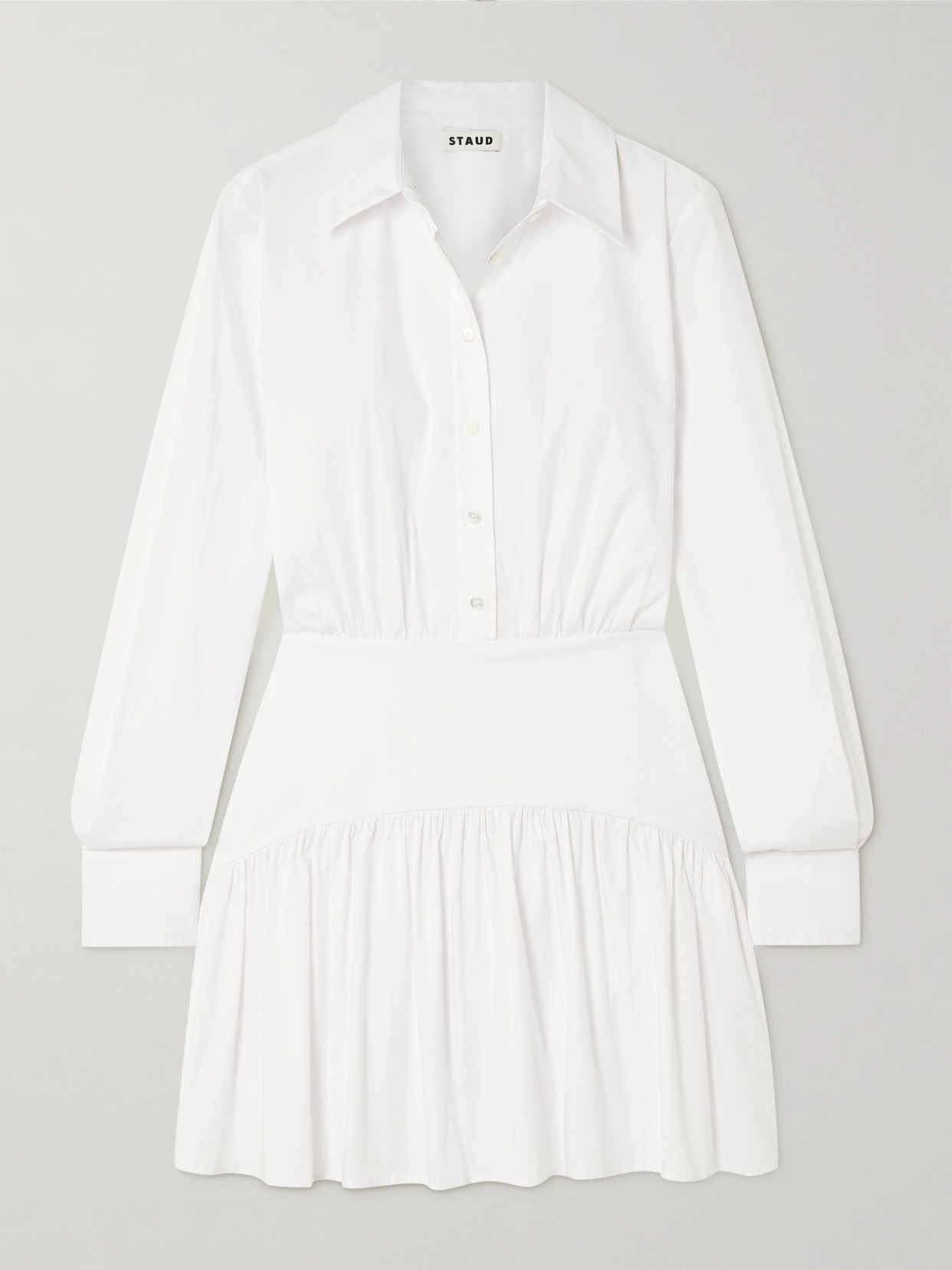 Staud Rocco Gathered Stretch-cotton Poplin Mini Shirt Dress In White