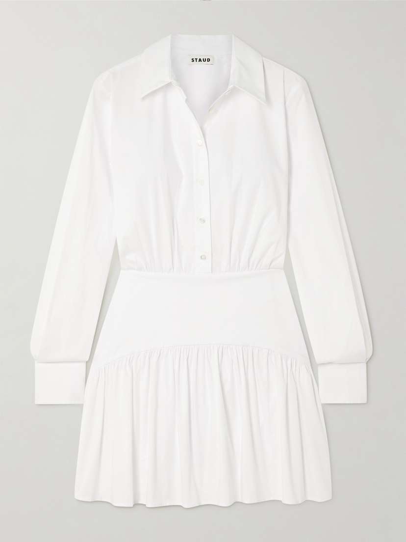 Staud Rocco Gathered Stretch-cotton Poplin Mini Shirt Dress
