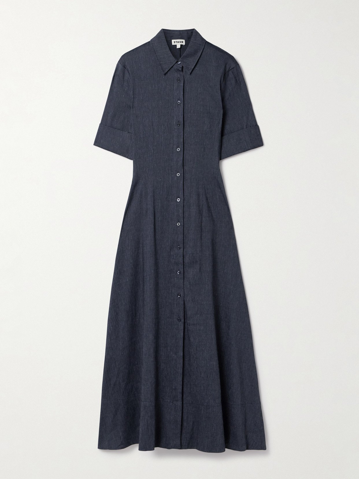 Staud Joan Linen-blend Chambray Midi Shirt Dress In Blue