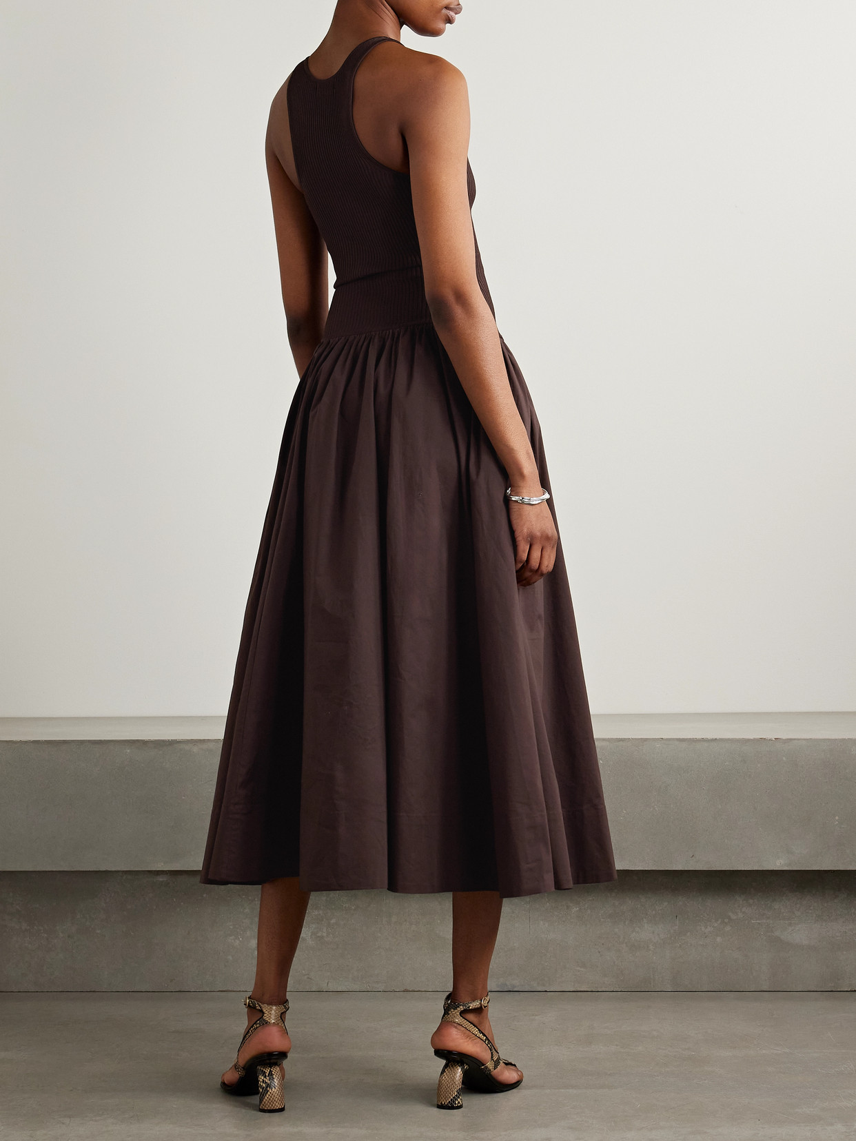 STAUD YAMILA RIBBED-KNIT AND COTTON-BLEND POPLIN MIDI DRESS