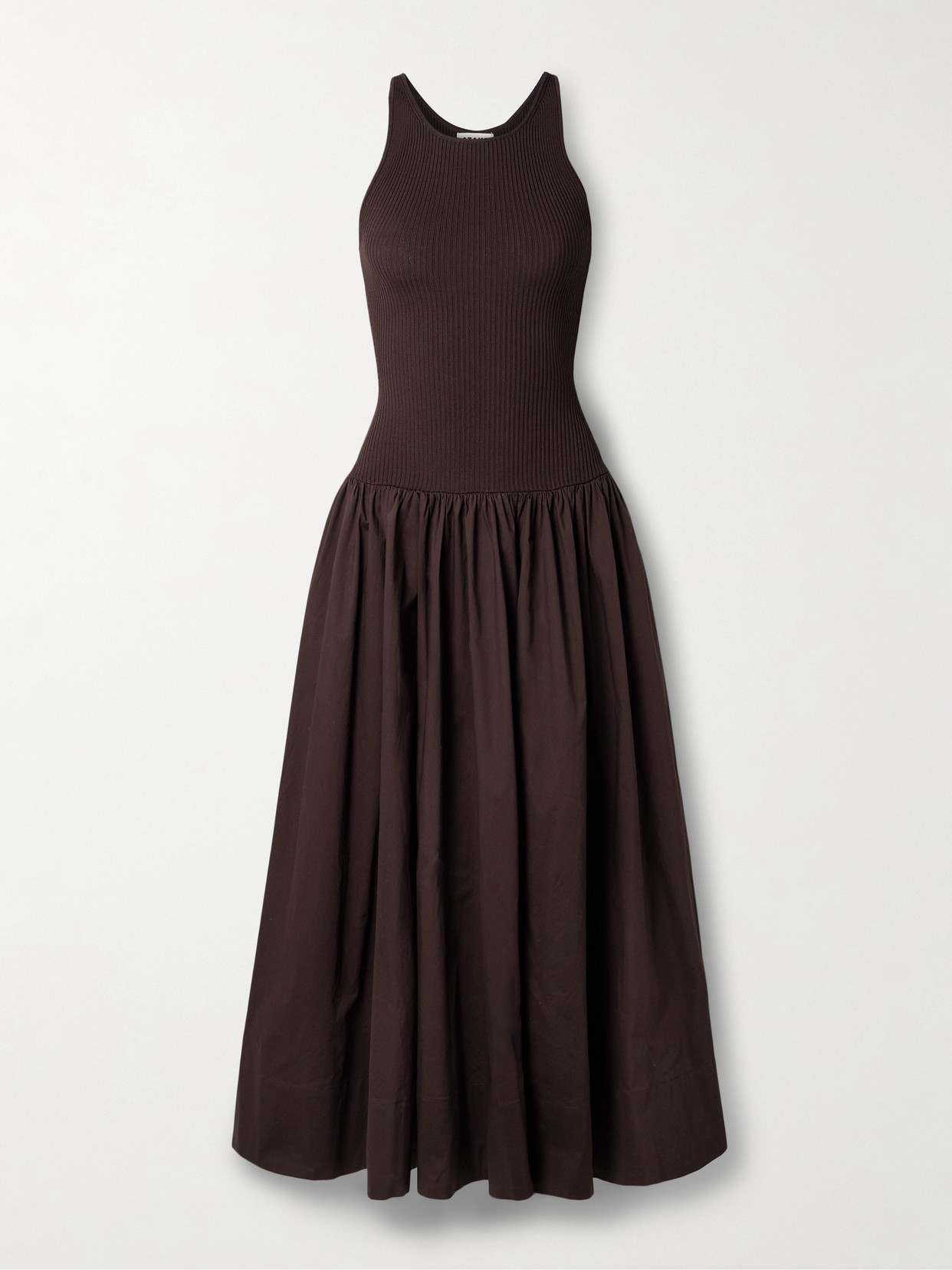 STAUD YAMILA RIBBED-KNIT AND COTTON-BLEND POPLIN MIDI DRESS