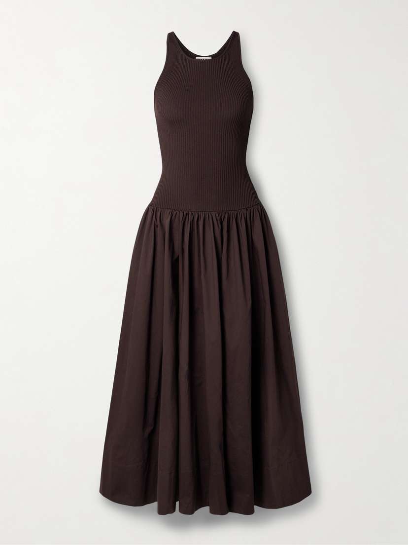 Staud Yamila Ribbed-knit And Cotton-blend Poplin Midi Dress