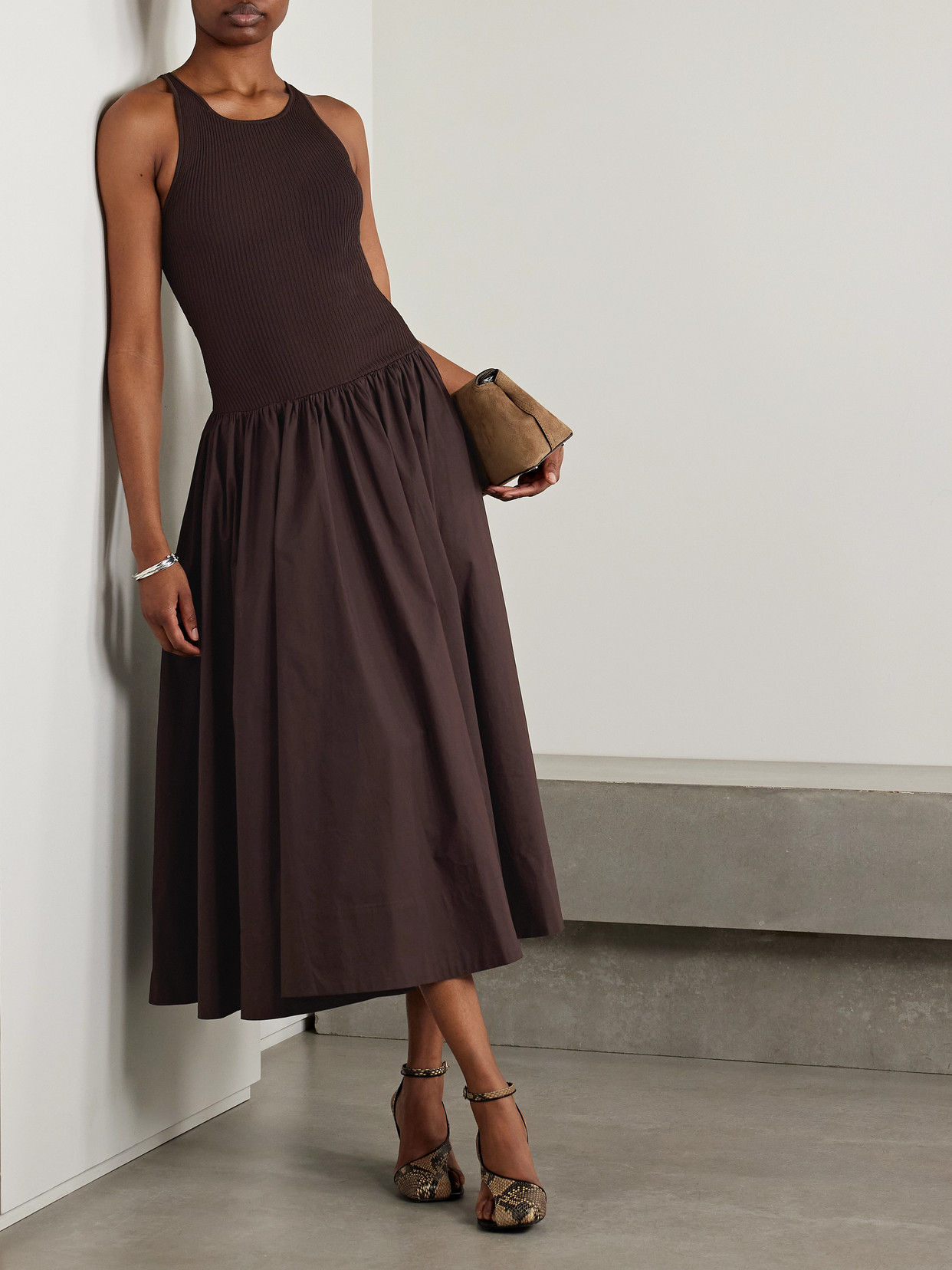 STAUD YAMILA RIBBED-KNIT AND COTTON-BLEND POPLIN MIDI DRESS
