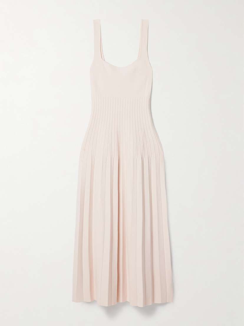 Staud Ellison Pleated Ribbed-knit Midi Dress