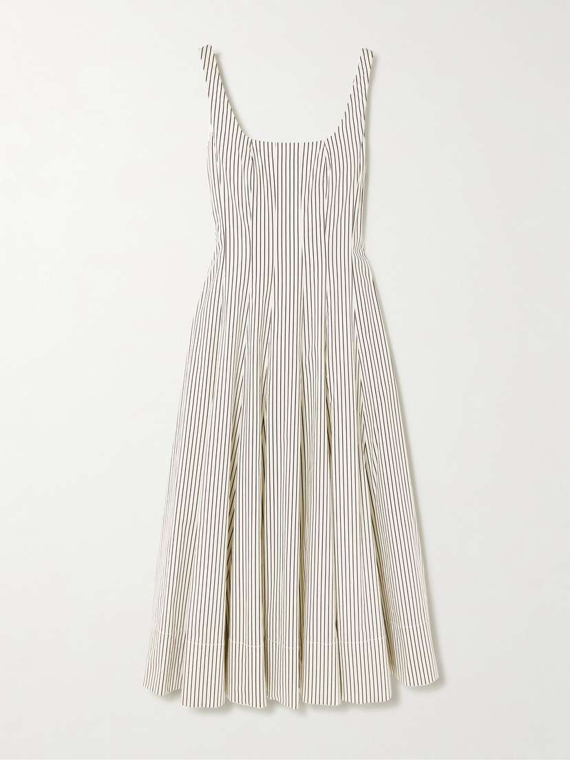 Staud Wells Pleated Striped Cotton-blend Poplin Midi Dress