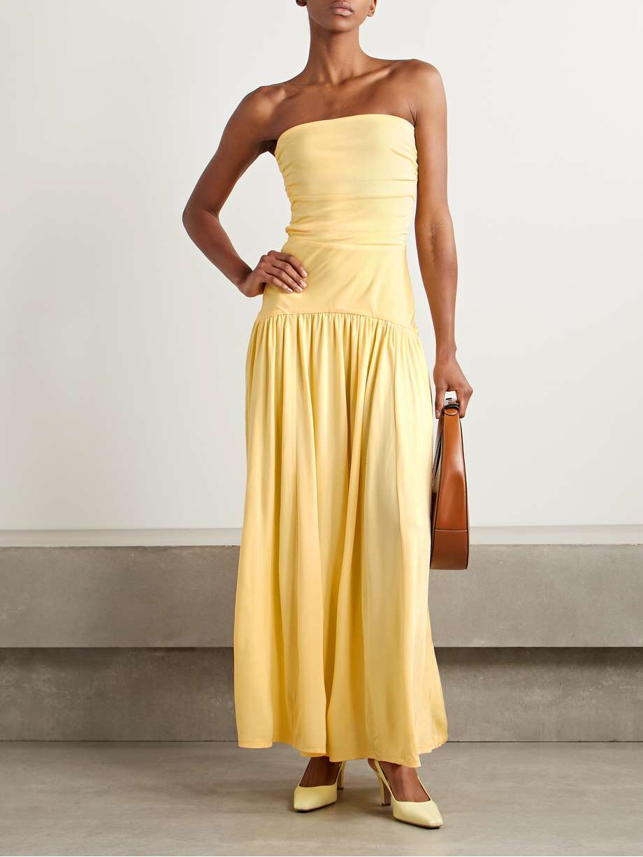 mariana strapless gathered jersey maxi dress