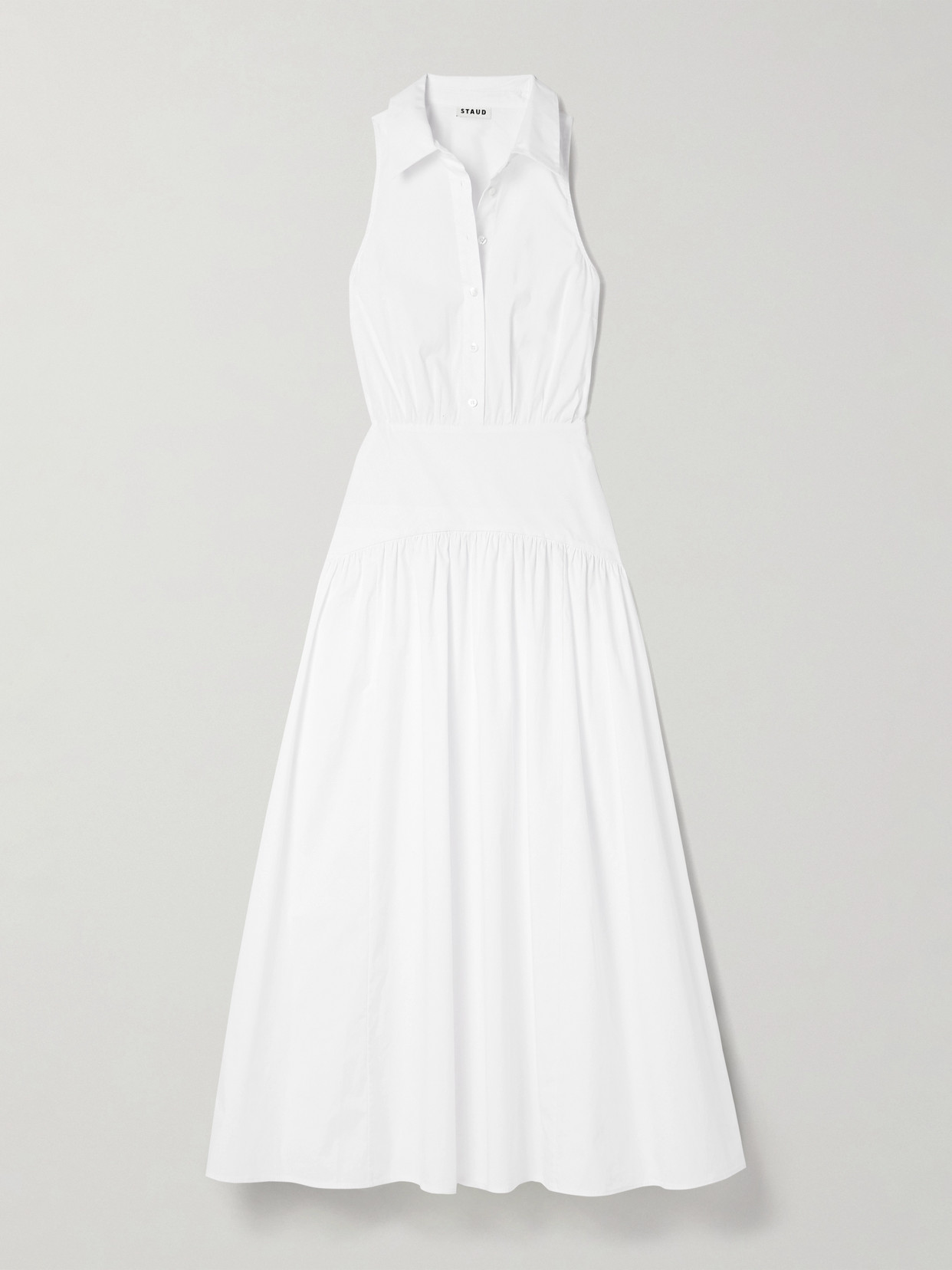Staud Romy Gathered Cotton-blend Poplin Maxi Dress In White