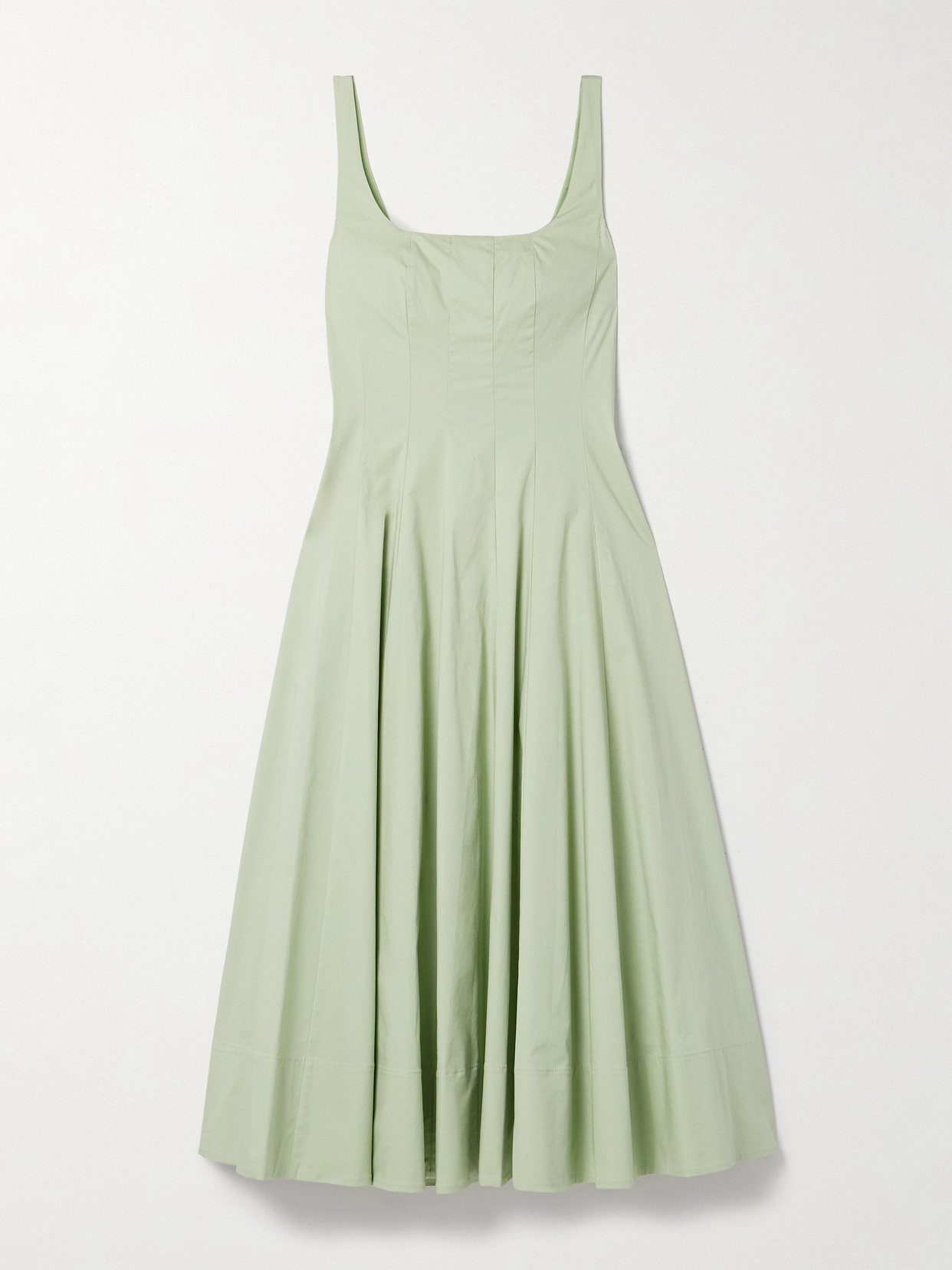 Staud Wells Pleated Cotton-blend Poplin Midi Dress In Green
