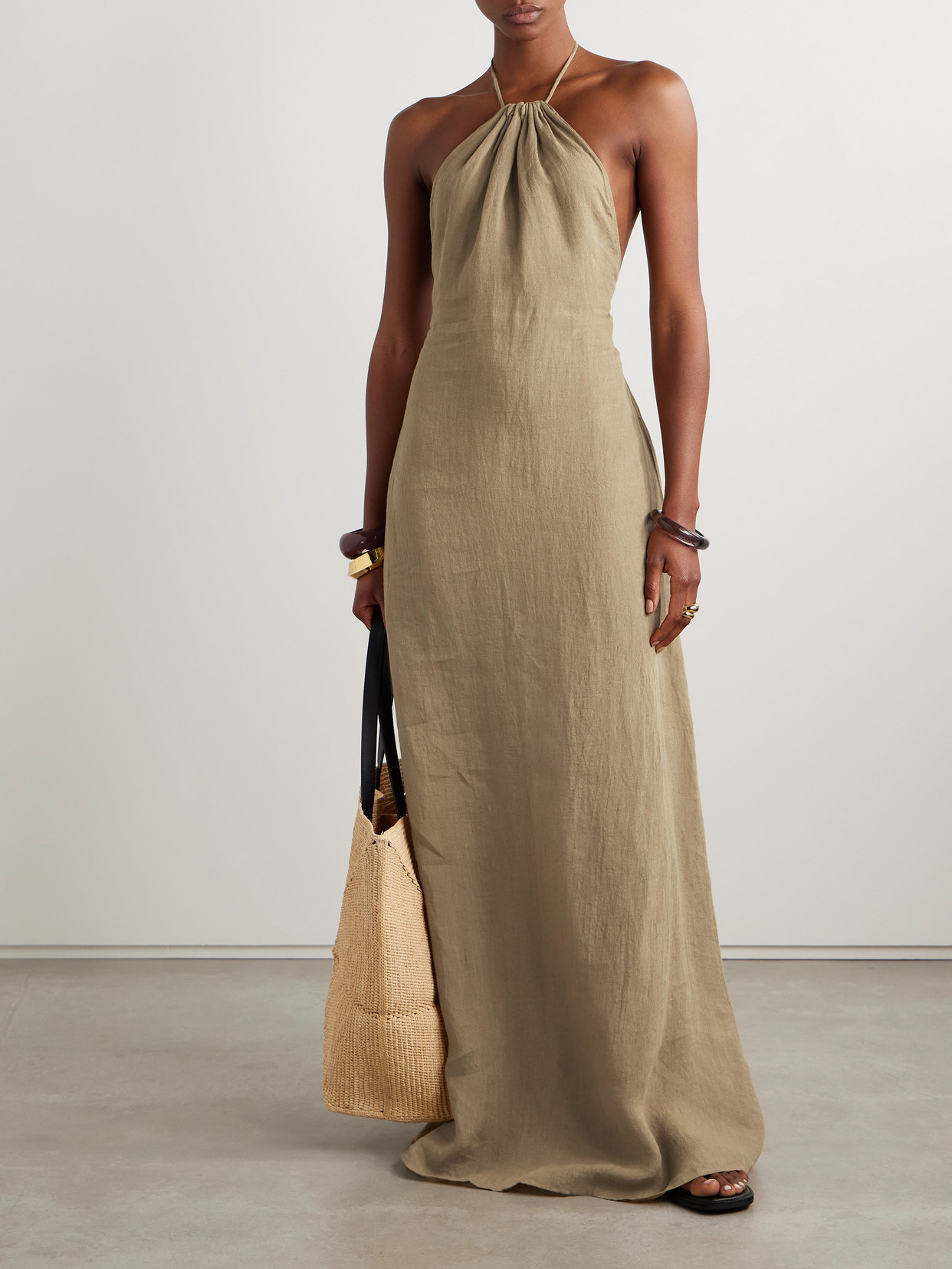 Nili Lotan Lelia Open-back Linen-voile Halterneck Maxi Dress In Brown