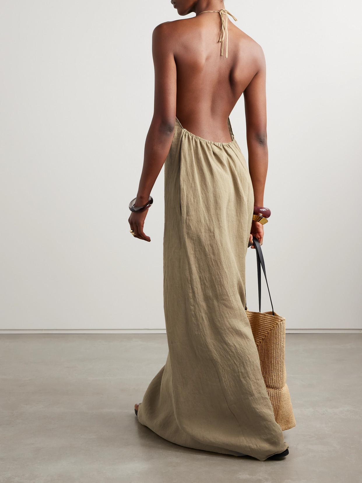 Nili Lotan Lelia Open-back Linen-voile Halterneck Maxi Dress In Brown