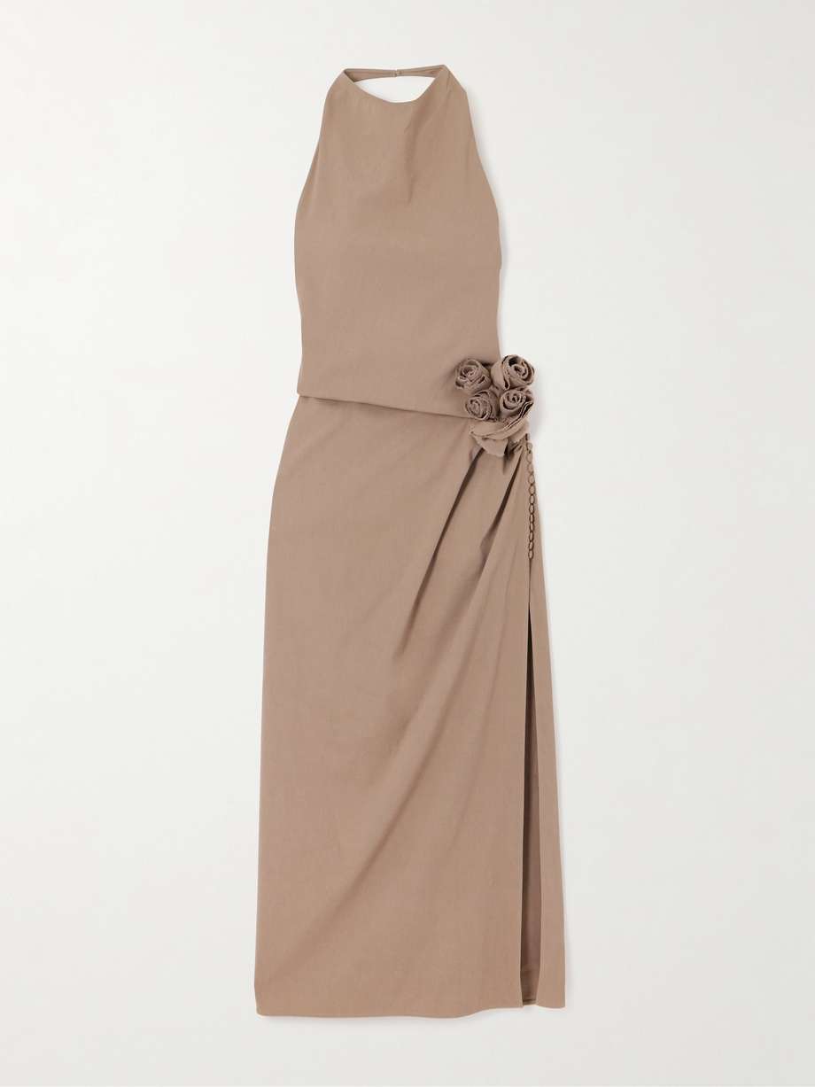 appliquéd linen-blend halterneck maxi dress