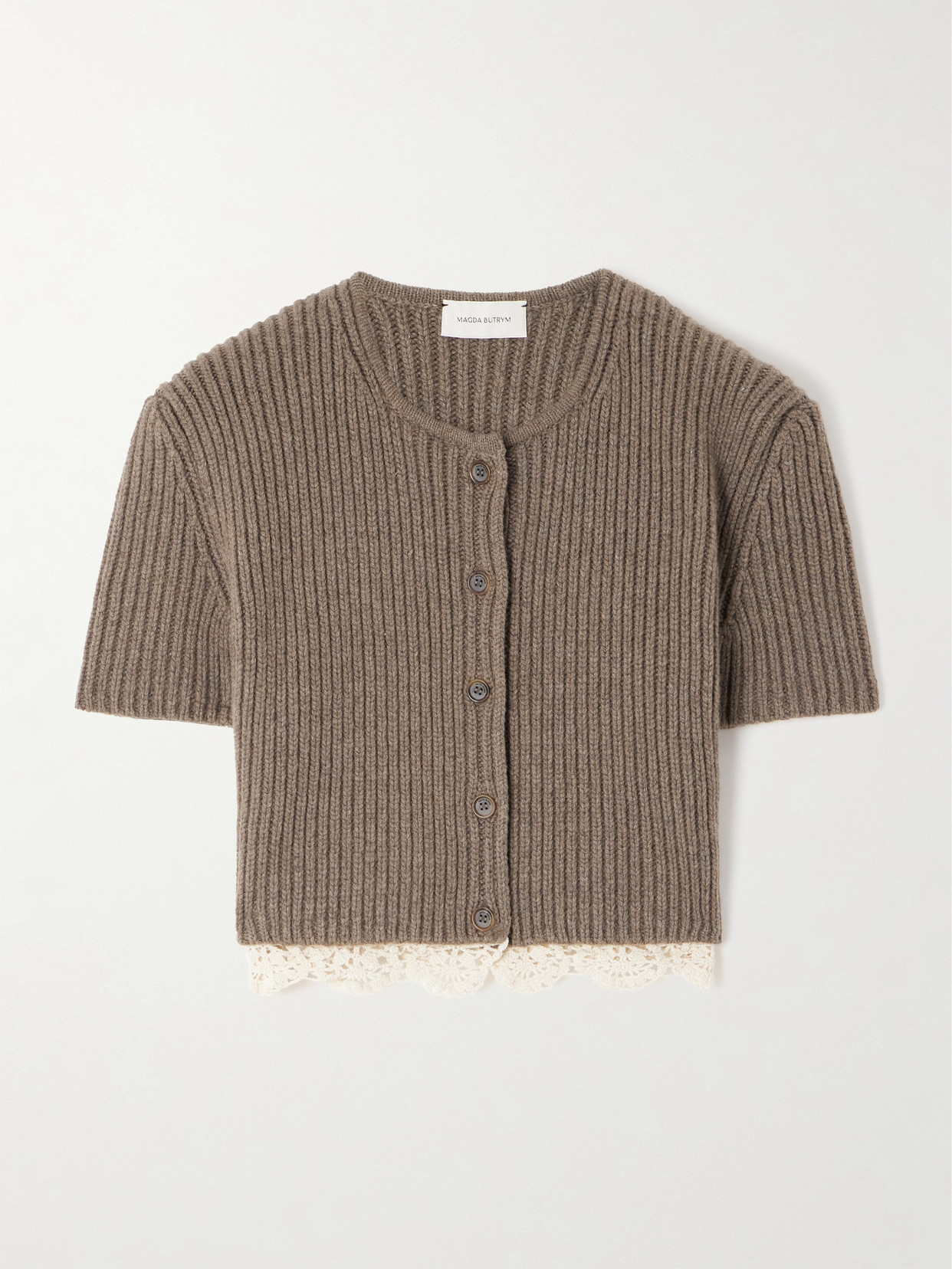 Magda Butrym Cropped Cotton Crochet-trimmed Ribbed Cashmere Cardigan In Brown