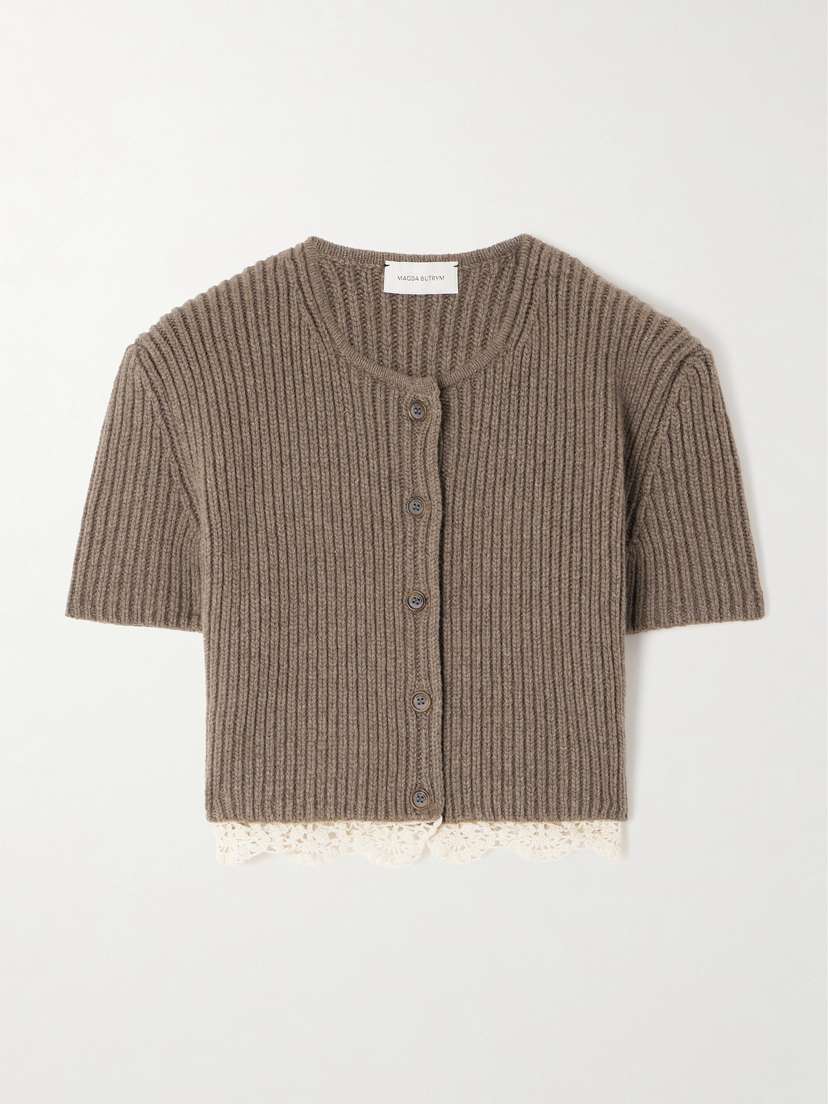 Magda Butrym Cropped Cotton Crochet-trimmed Ribbed Cashmere Cardigan