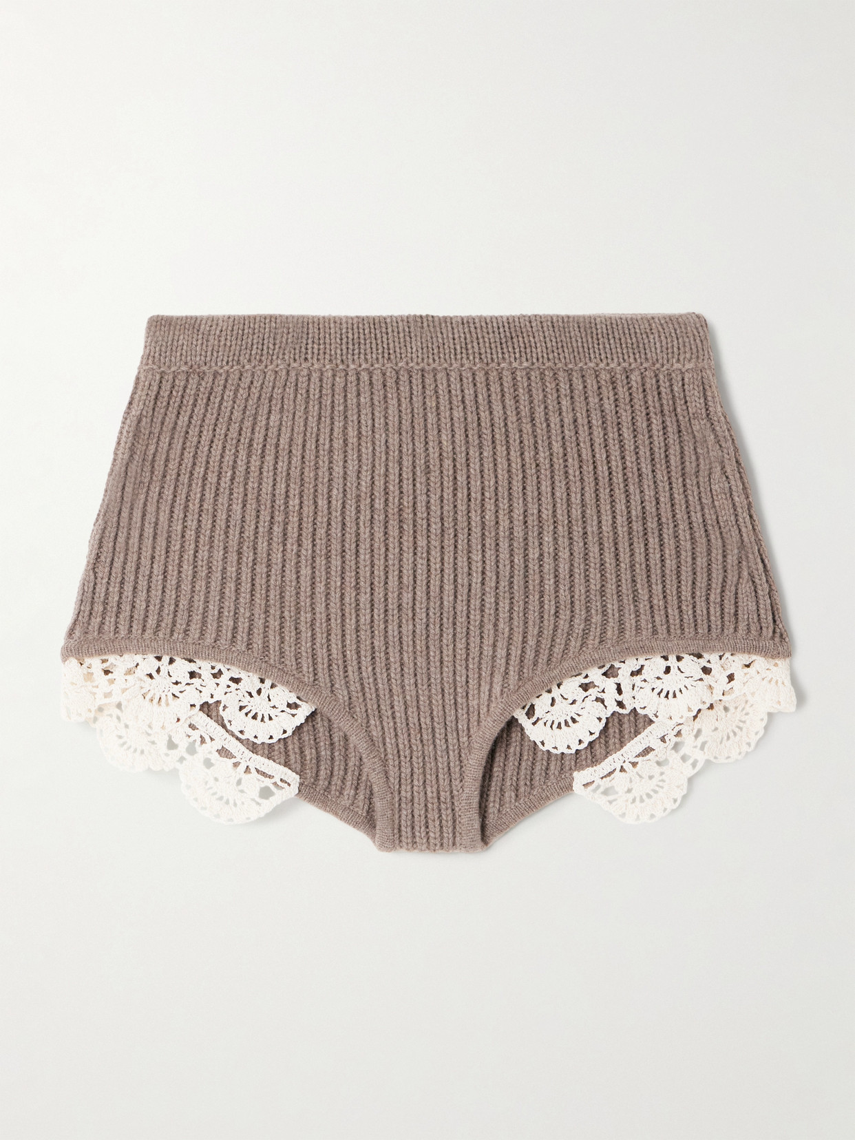 Magda Butrym Crocheted Cotton Lace-trimmed Ribbed Cashmere Shorts In Brown