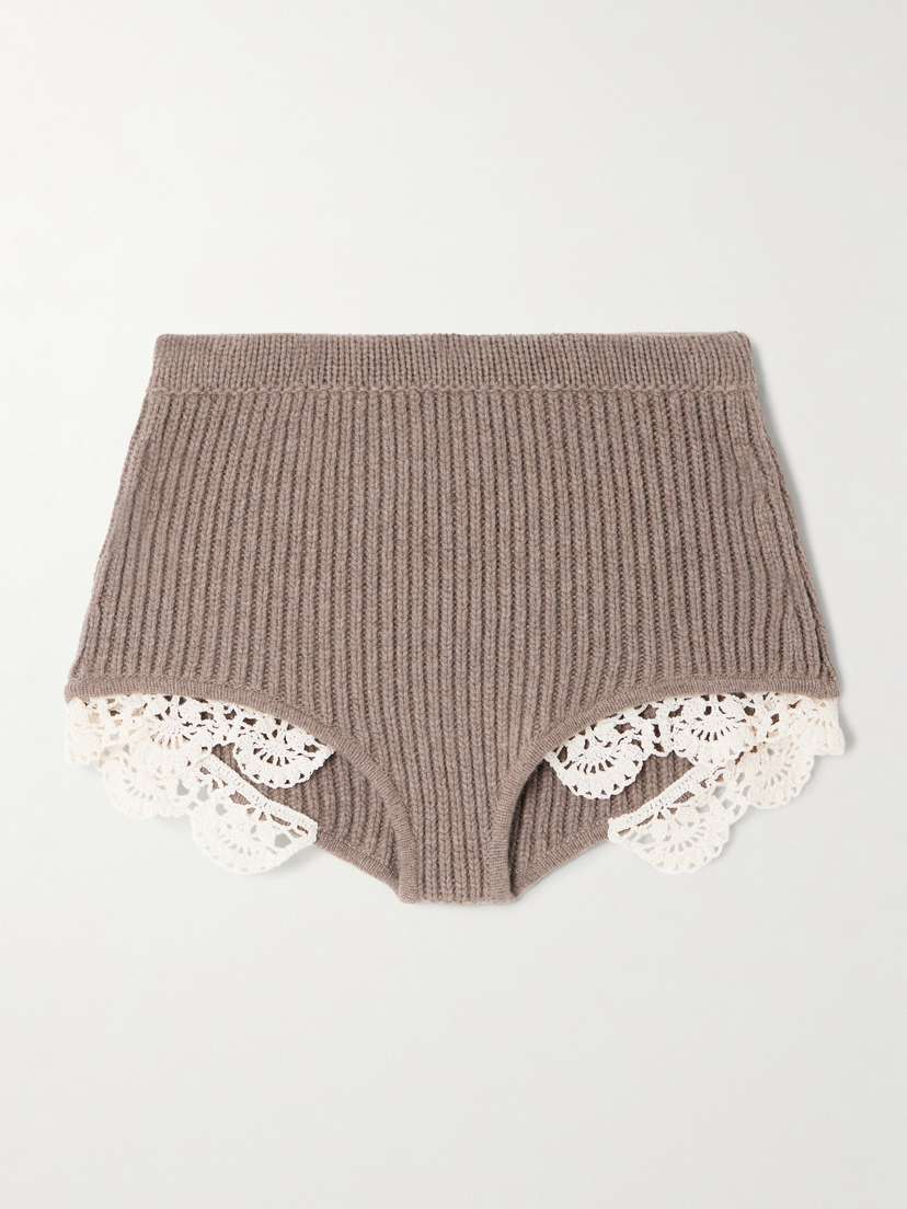 Magda Butrym Crocheted Cotton Lace-trimmed Ribbed Cashmere Shorts