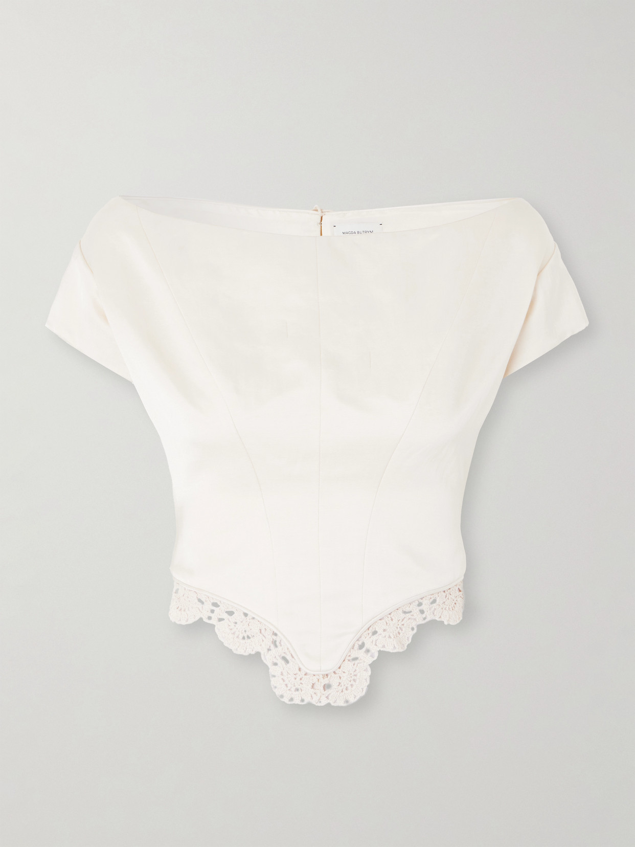Magda Butrym Off-the-shoulder Crocheted Cotton-trimmed Satin Top In Cream