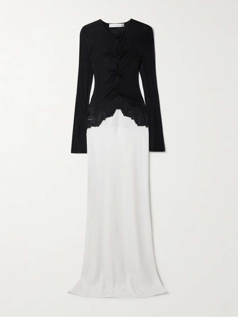 cutout twist-front lace-trimmed ribbed-knit and crepe gown
