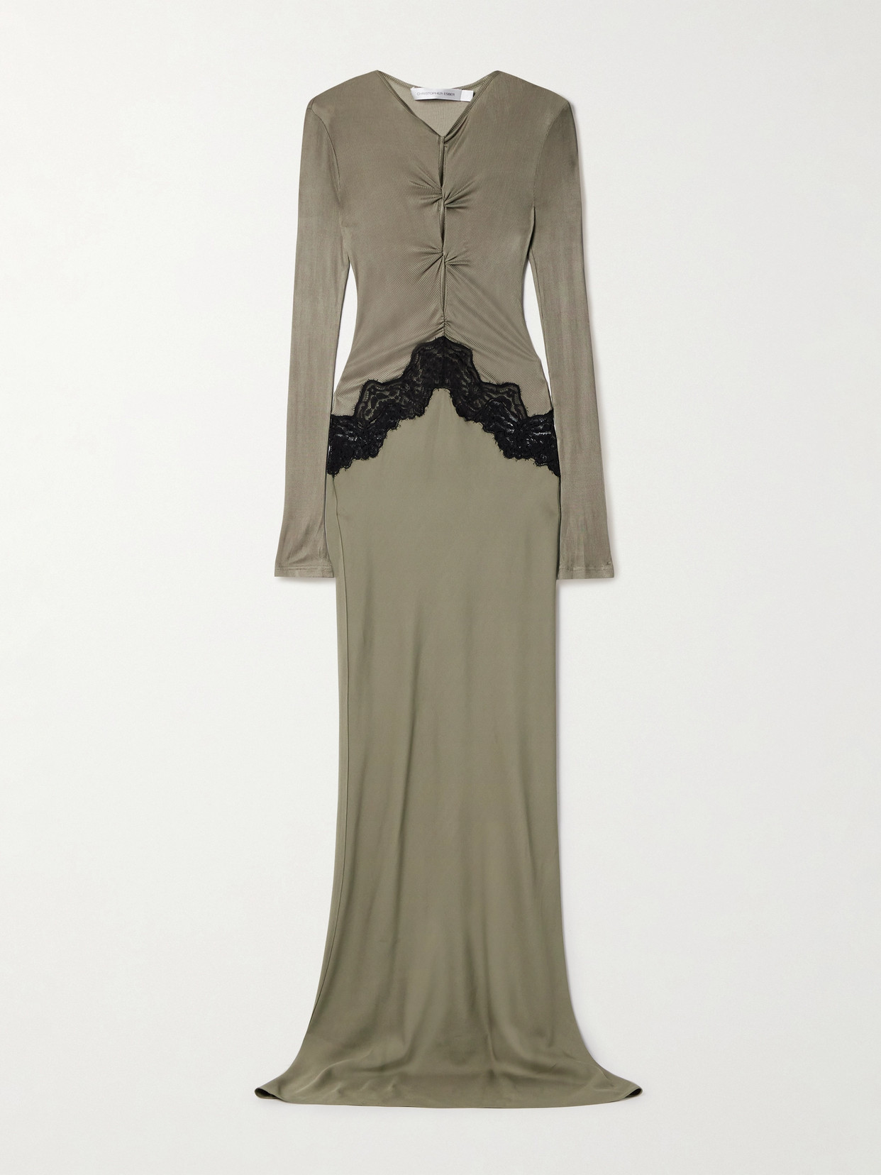 Christopher Esber - Cutout Twist-front Lace-trimmed Ribbed-knit And Crepe Gown - Army green