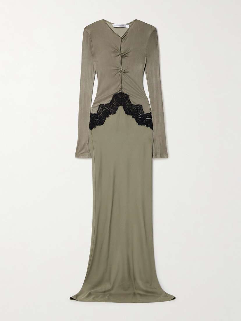 Christopher Esber Cutout Twist-front Lace-trimmed Ribbed-knit And Crepe Gown
