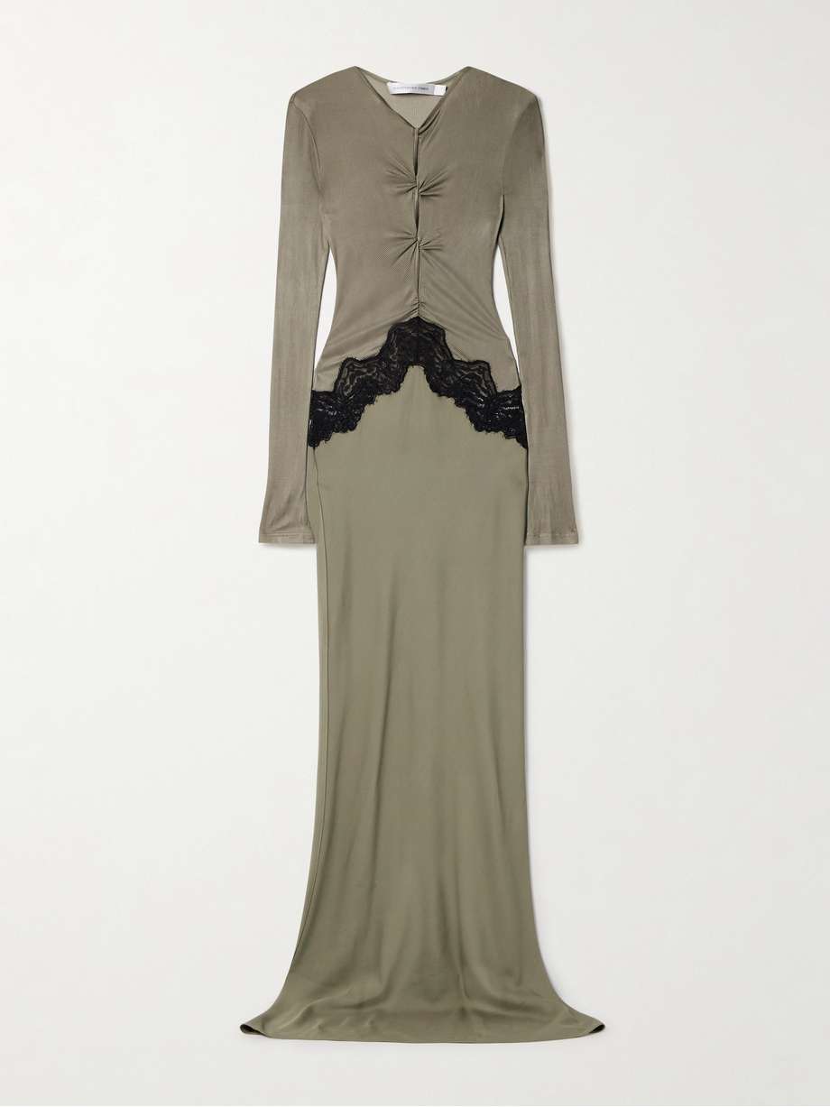 cutout twist-front lace-trimmed ribbed-knit and crepe gown