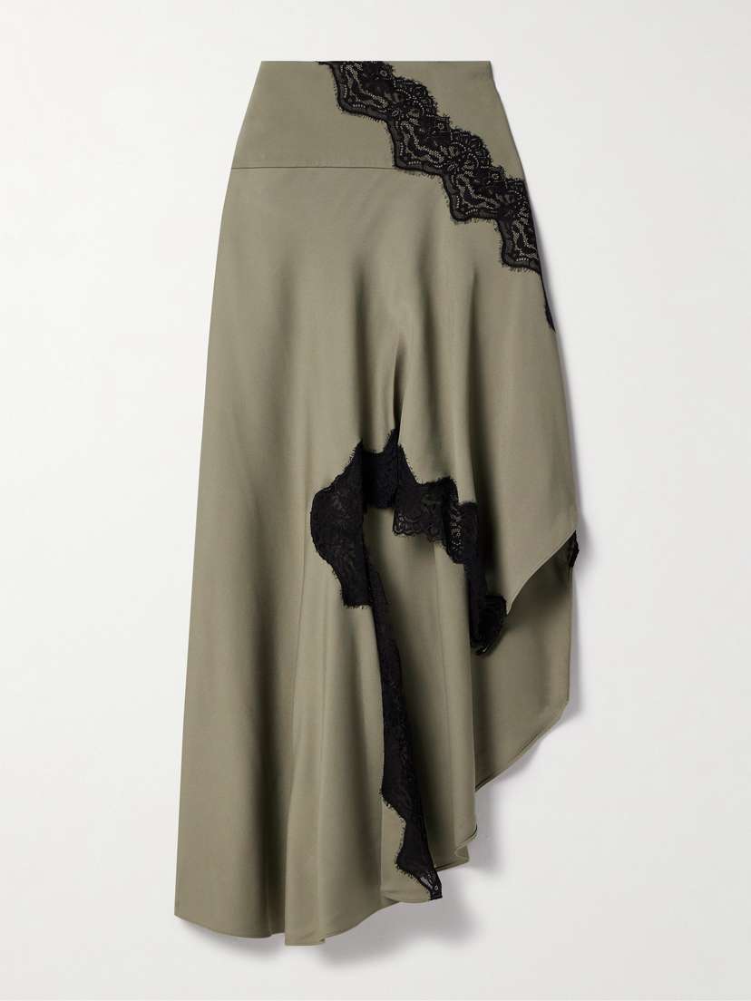Christopher Esber Verner Asymmetric Chantilly Lace-trimmed Woven Midi Skirt
