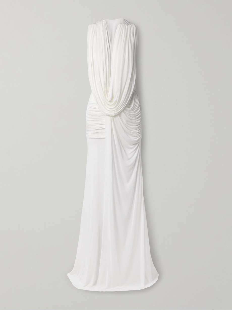 ripple draped mesh gown