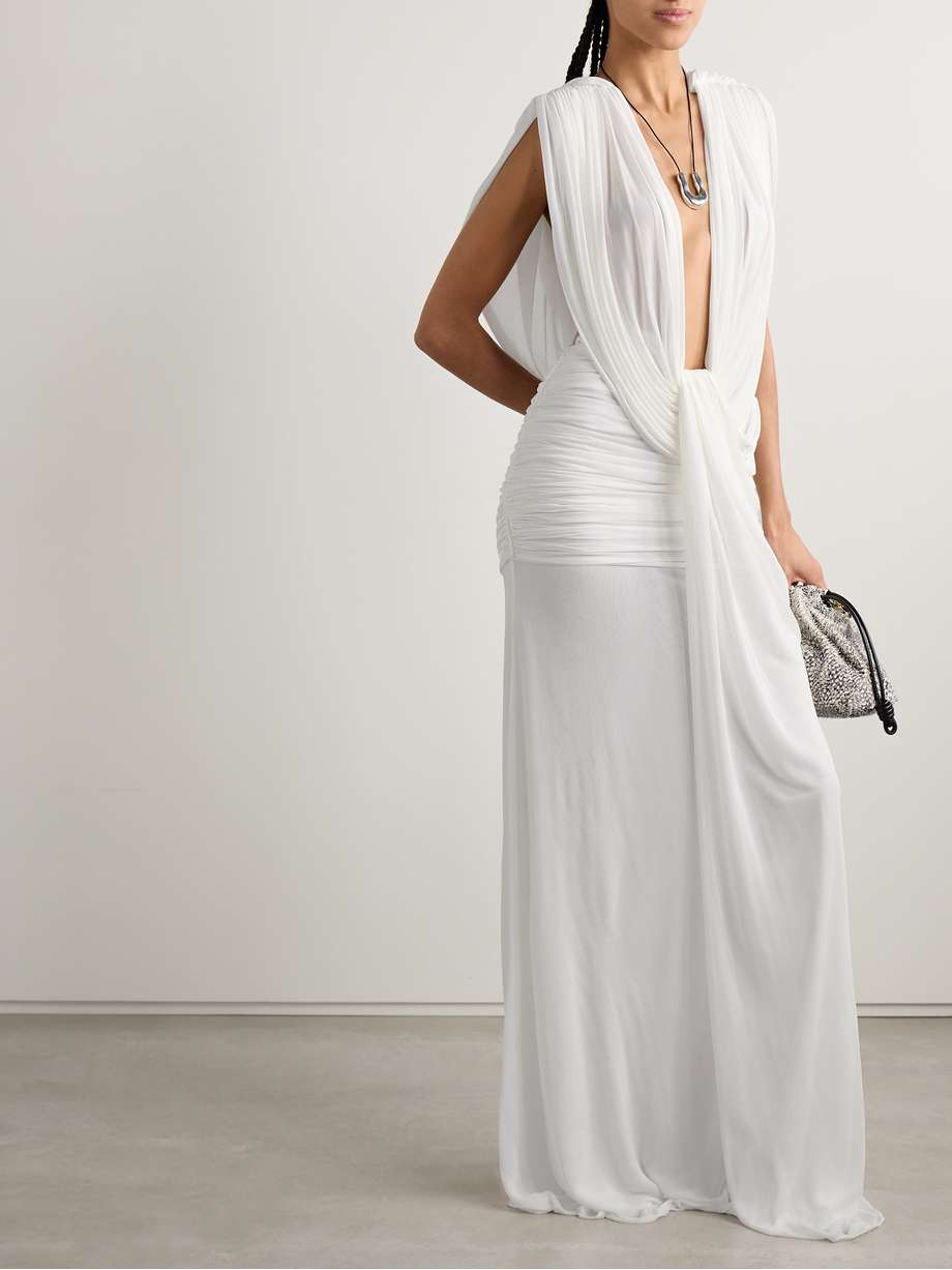 ripple draped mesh gown
