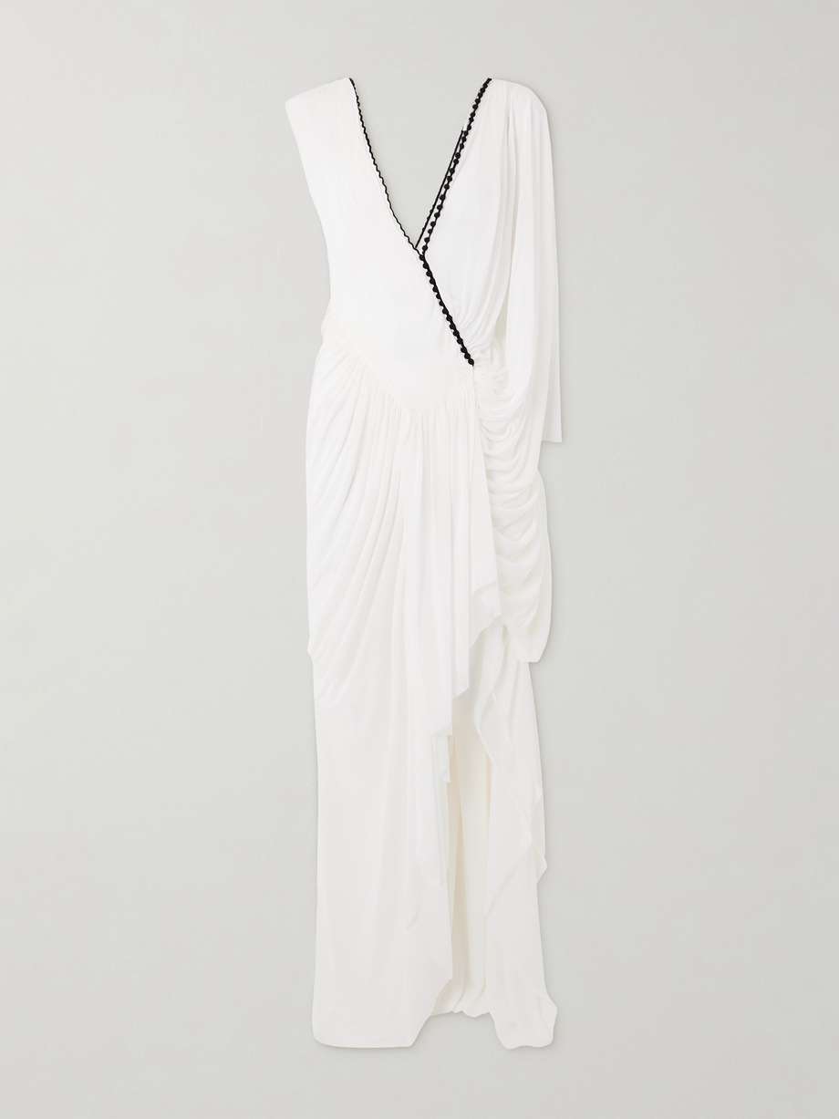 sevi cape-effect asymmetric draped silk chiffon-trimmed jersey midi dress