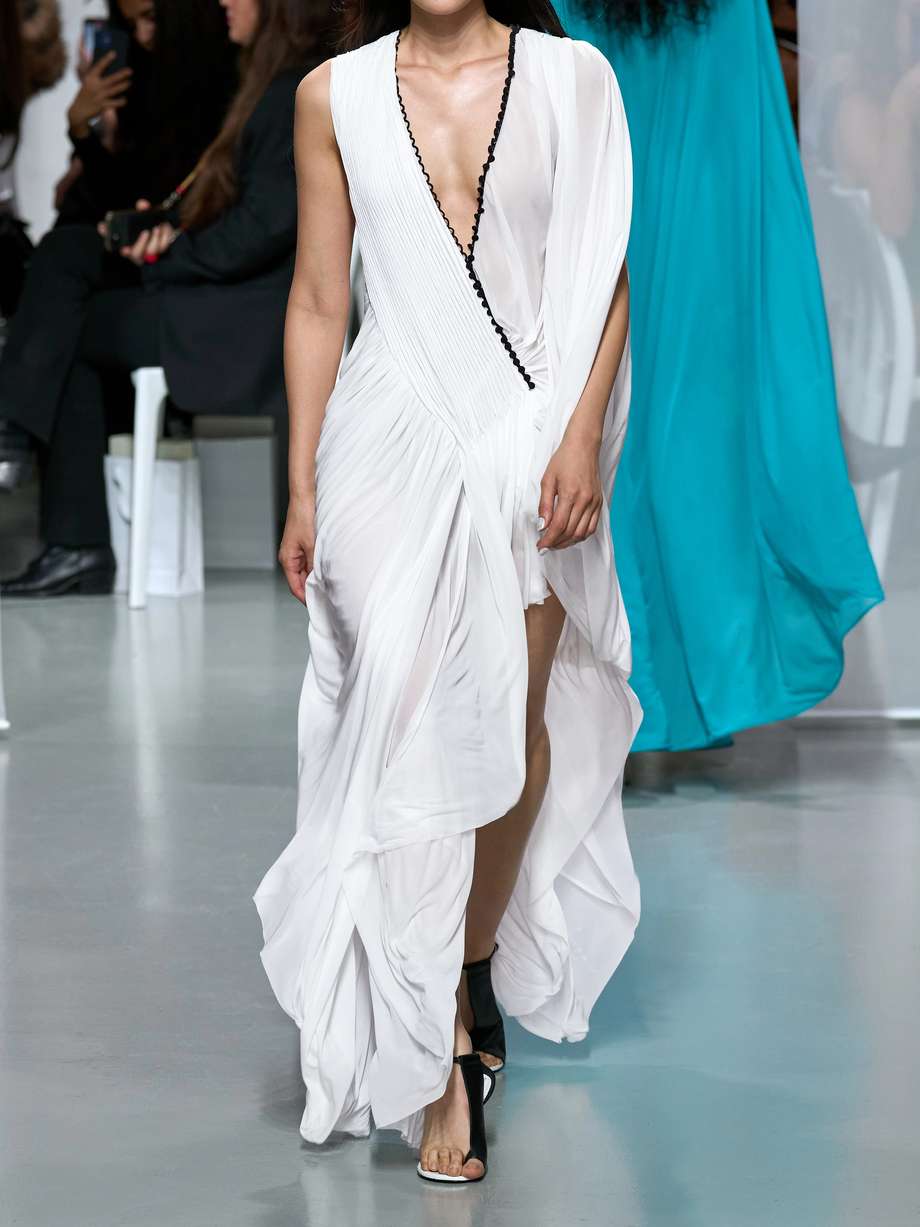 sevi cape-effect asymmetric draped silk chiffon-trimmed jersey midi dress