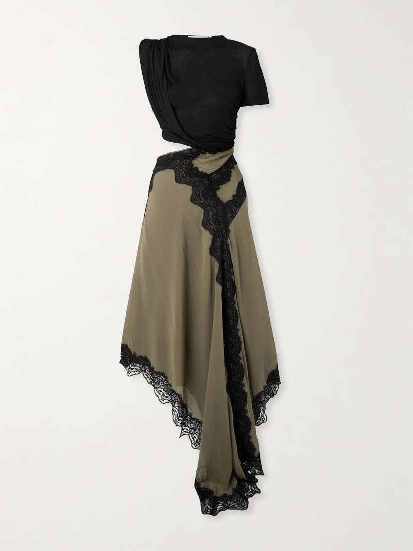 Christopher Esber Verve Asymmetric Lace-trimmed Silk-georgette And Ribbed Jersey Dress