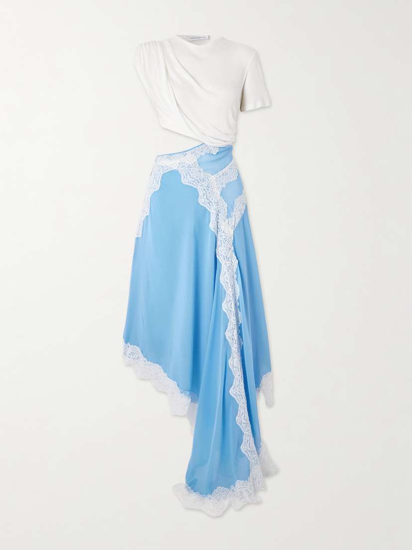 Christopher Esber Verve Asymmetric Lace-trimmed Silk-georgette And Ribbed Jersey Dress
