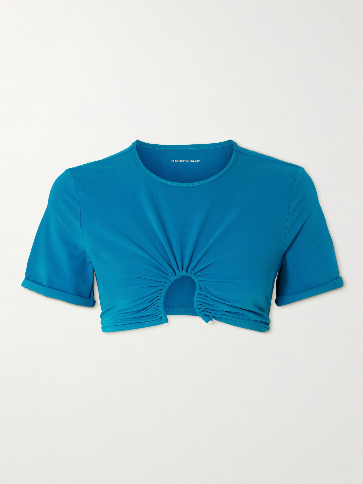 Christopher Esber Crescent Embellished Cutout Ruched Bikini Top