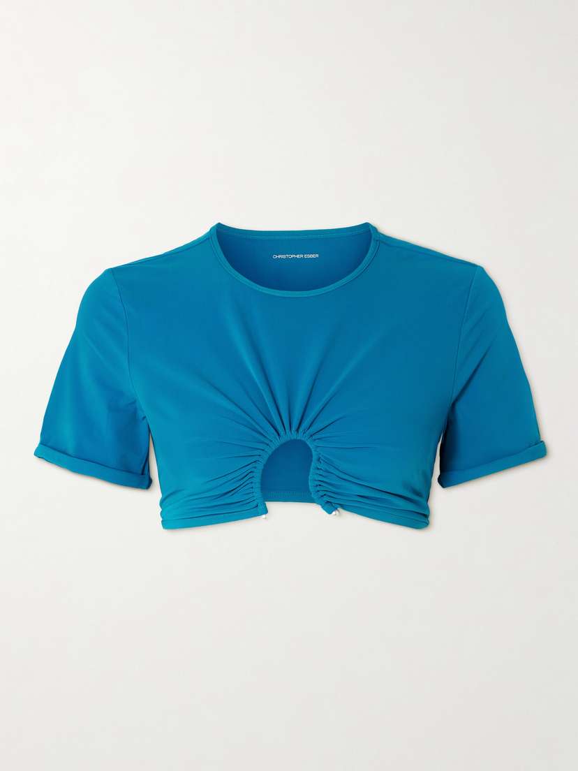 Christopher Esber Crescent Embellished Cutout Ruched Bikini Top