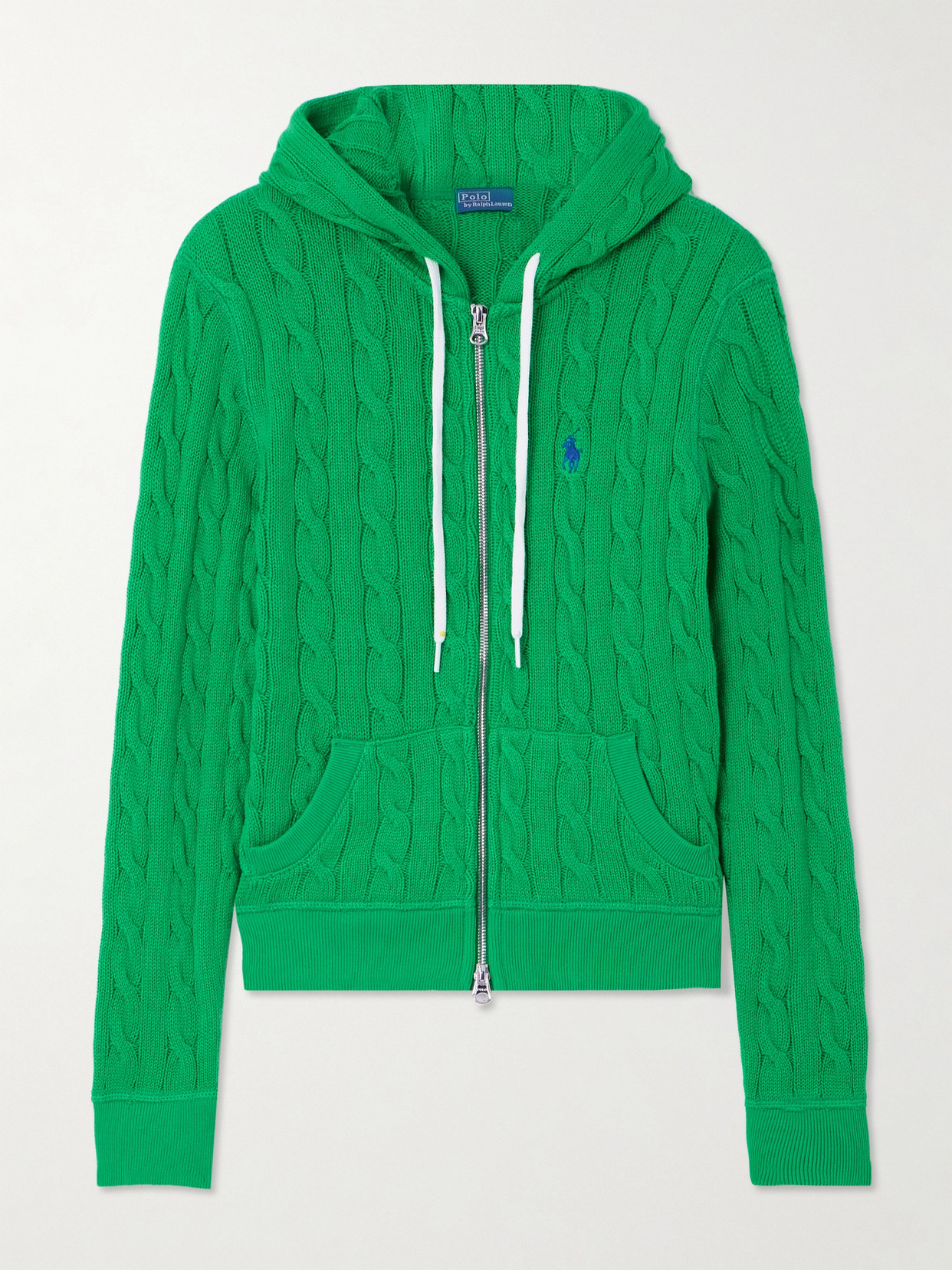 Polo Ralph Lauren Hooded Embroidered Cable-knit Cotton Cardigan In Green