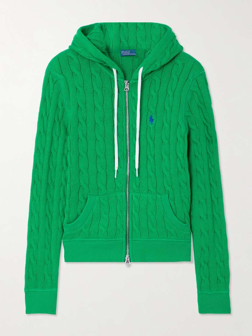 Polo Ralph Lauren Hooded Embroidered Cable-knit Cotton Cardigan