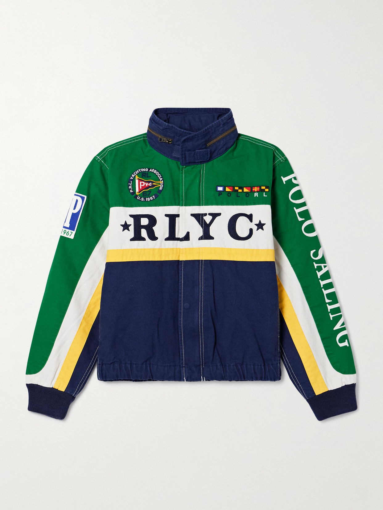 Polo Ralph Lauren Appliquéd Embroidered Paneled Cotton-canvas Jacket In Blue