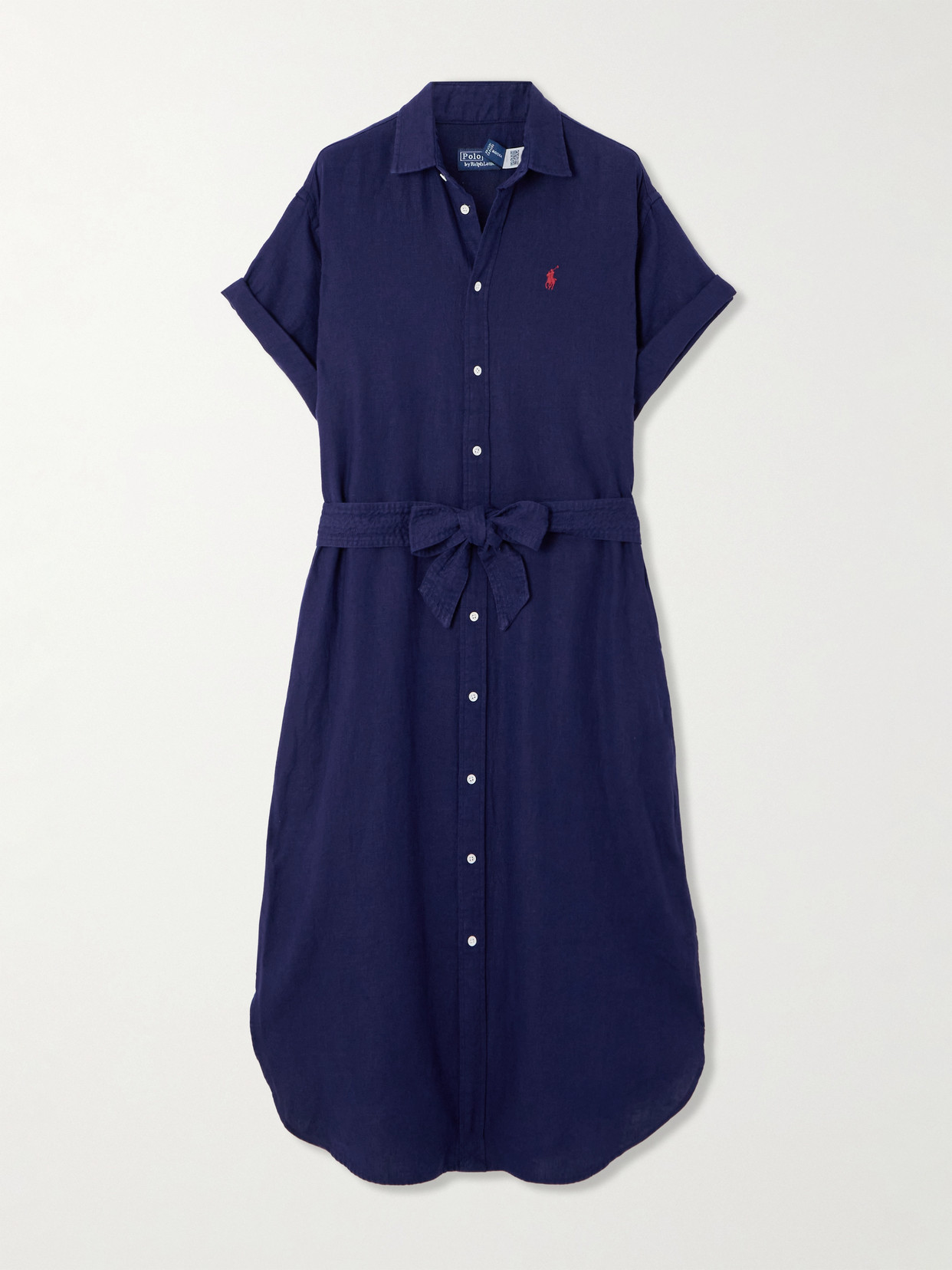 Polo Ralph Lauren Belted Embroidered Linen Midi Shirt Dress In Blue