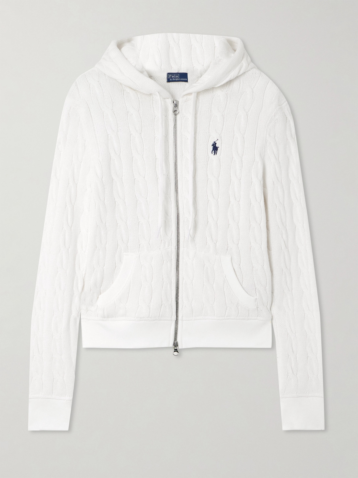 Polo Ralph Lauren Hooded Embroidered Cable-knit Cotton Cardigan In White
