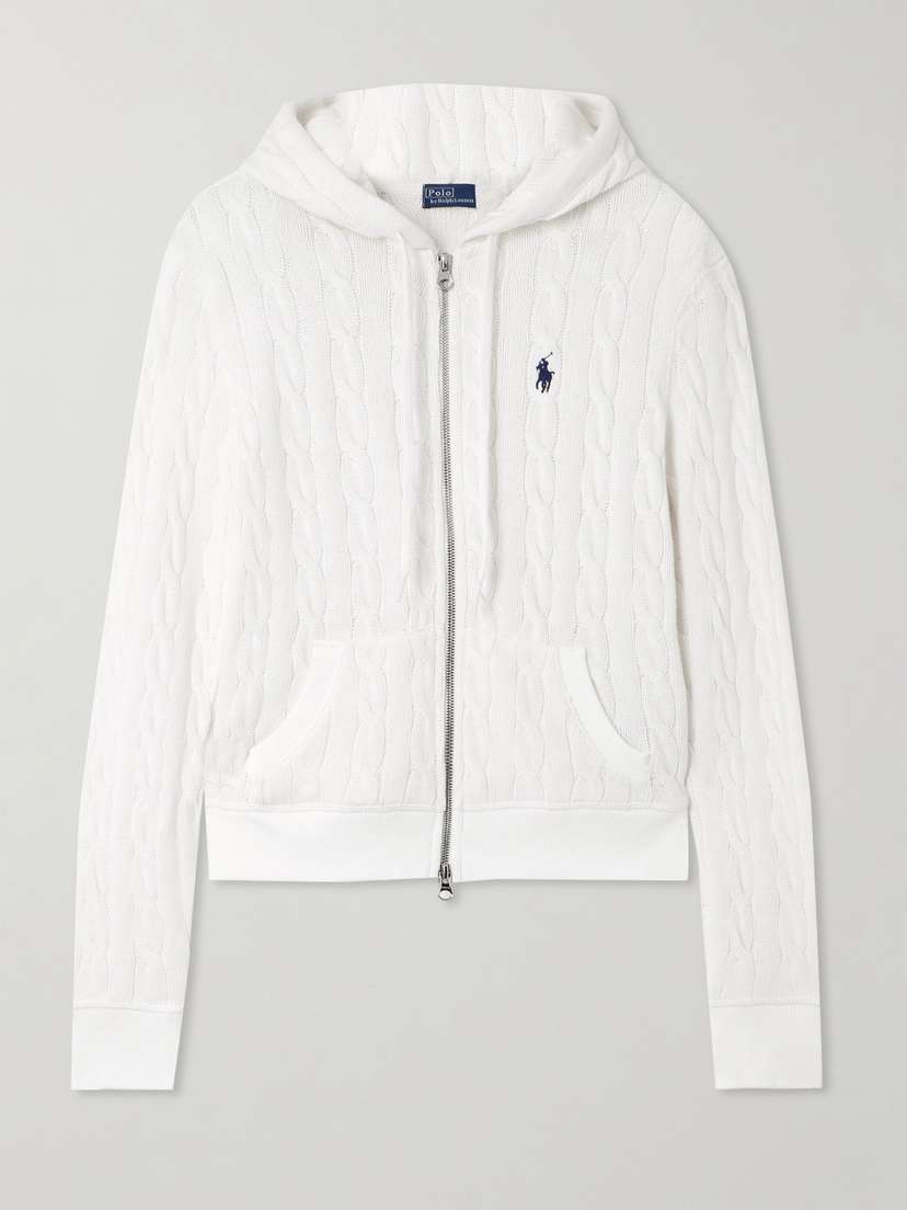 Polo Ralph Lauren Hooded Embroidered Cable-knit Cotton Cardigan