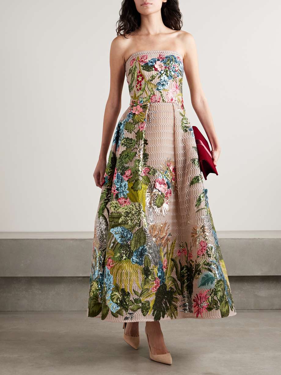 strapless sequin-embellished embroidered tulle gown