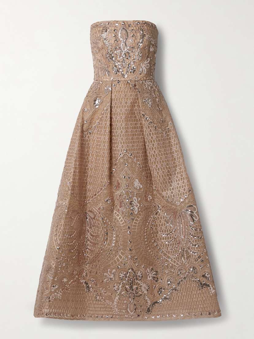 Elie Saab Strapless Sequined Embroidered Tulle Midi Dress
