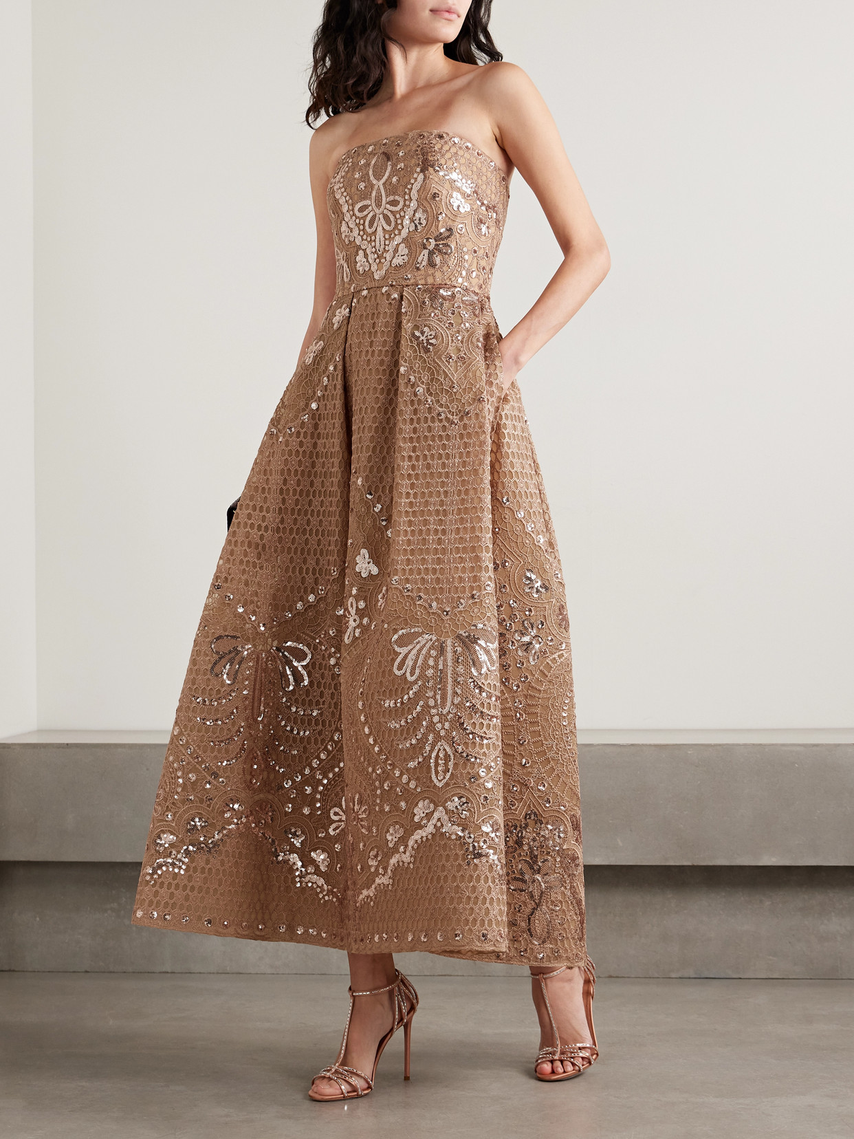 Elie Saab Strapless Sequined Embroidered Tulle Midi Dress In Pink