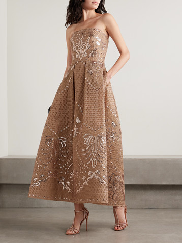 Elie Saab Strapless sequined embroidered tulle midi dress