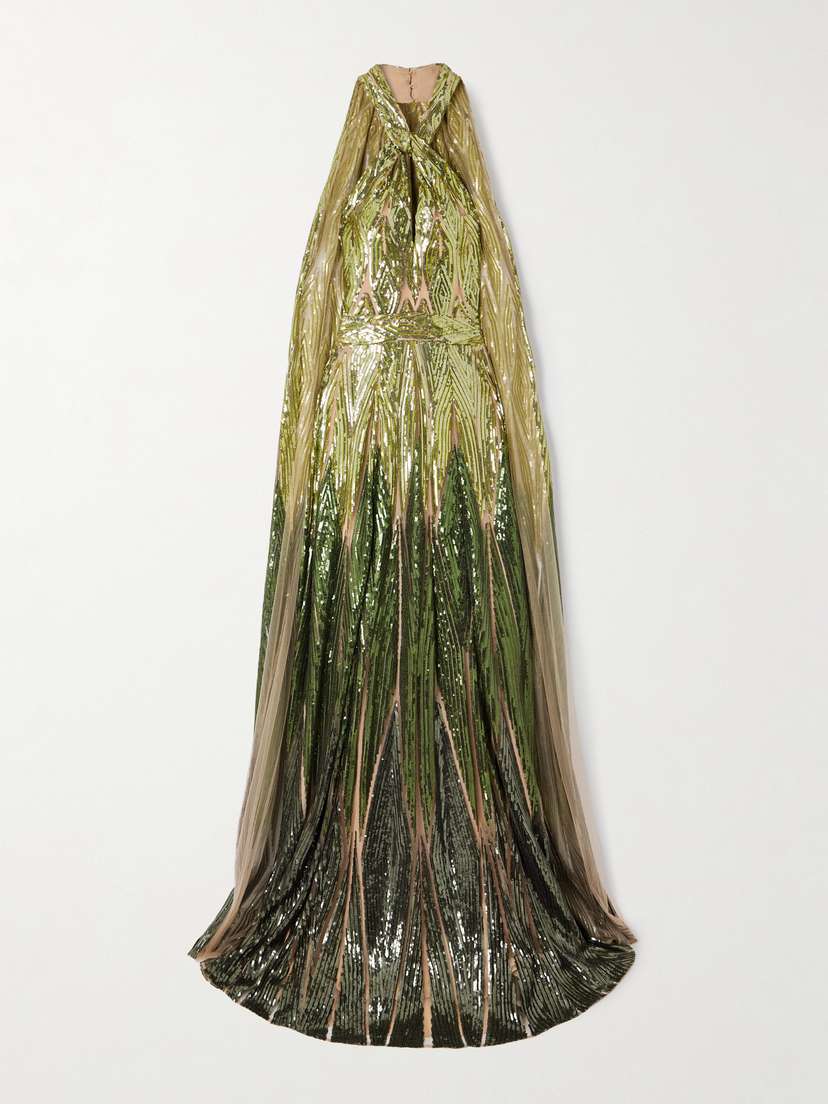 Elie Saab Cape-effect Embroidered Sequined Tulle Halterneck Gown